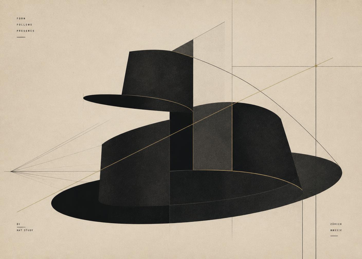 Abstract geometric study of overlapping hat forms with perspective lines