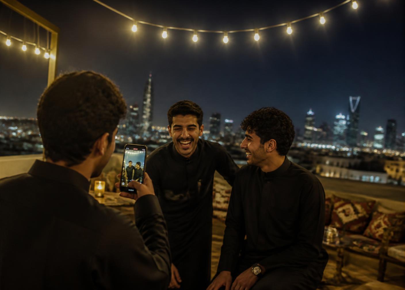 Friends filming a phone video on a Riyadh rooftop at night with the skyline behind them