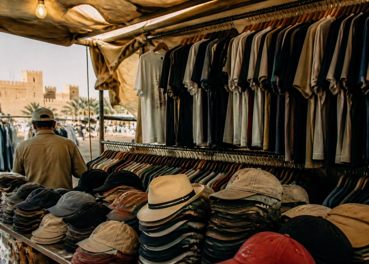 Racks of vintage tees and stacked caps at a second-hand streetwear stall in Riyadh