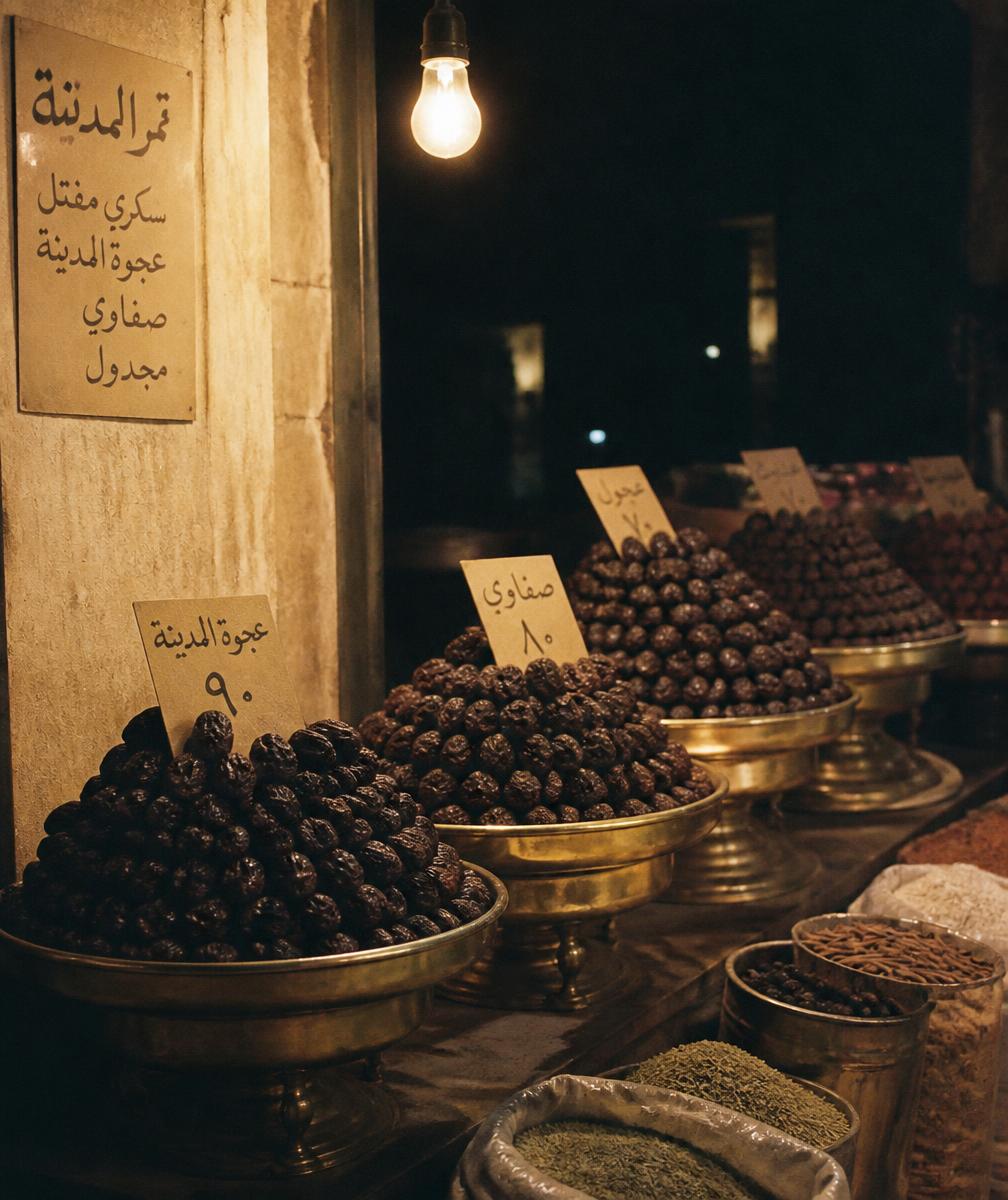 Brass trays of dates and spices lit by a single bulb at a Riyadh night market stall