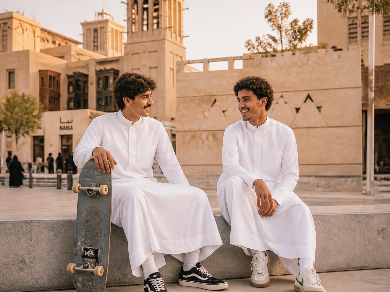 Two young Saudi men in white thobes and sneakers sitting on a plaza ledge with a skateboard at golden hour