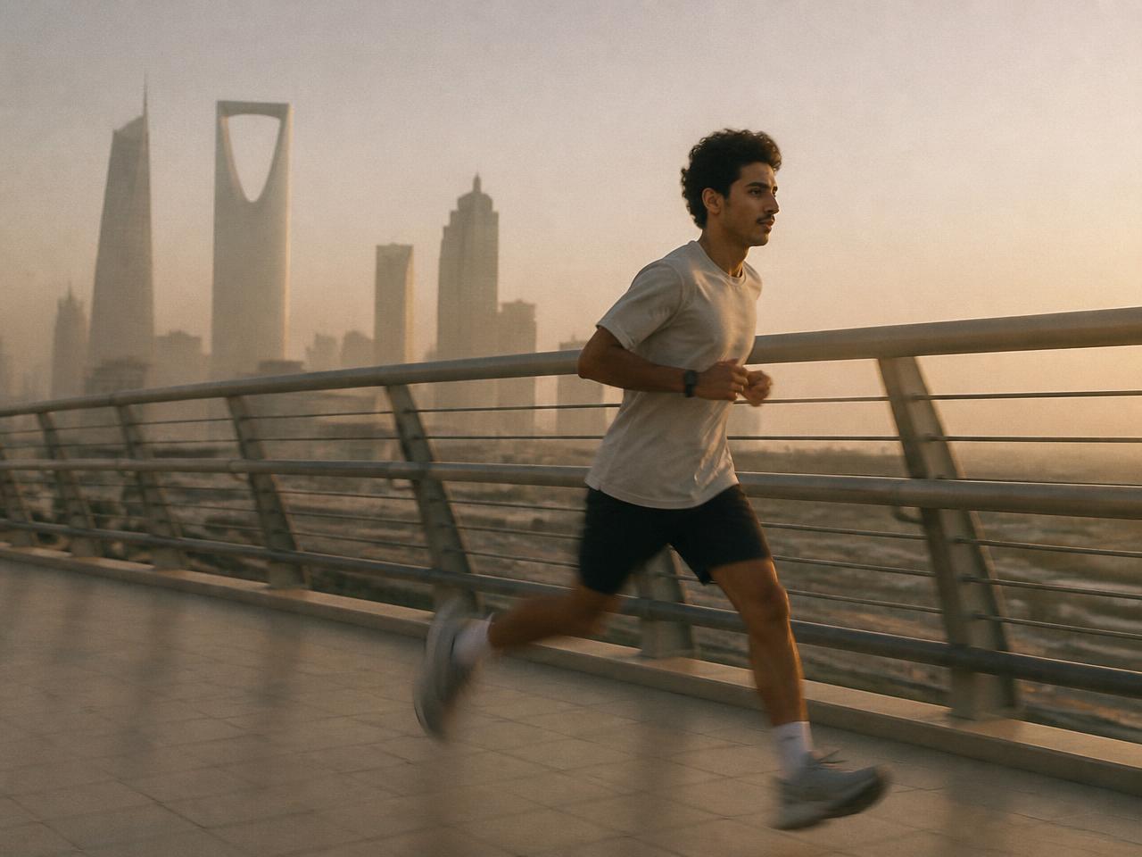 A young Saudi runner mid-stride on an empty Riyadh pedestrian bridge at dawn