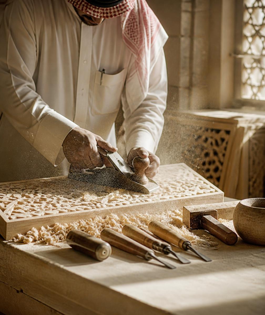 Hands of a Saudi craftsman planing a carved wooden panel in a sunlit Riyadh workshop